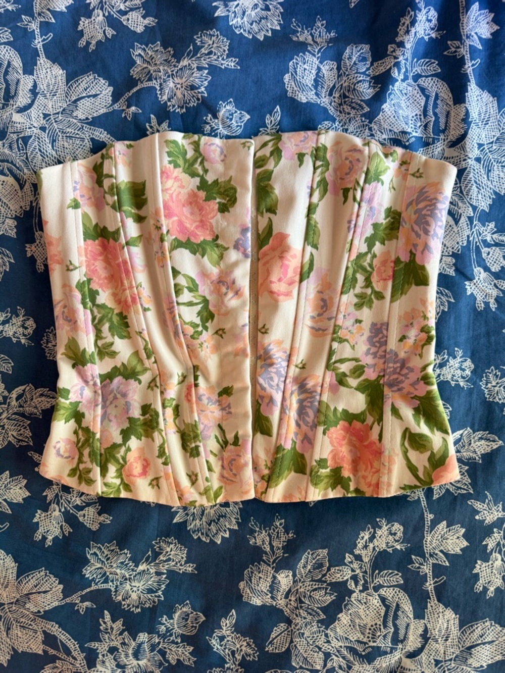 Zara Floral Bustier Camisole — Cream with Pink & Green Floral Print